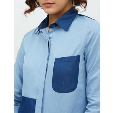 Rosolly Women's Denim Patch Work Long Sleeves Standard Length Shirt (Blue)