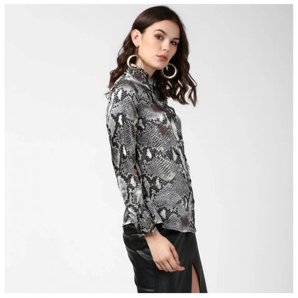 Rosolly Women's Satin Animal Print Long Sleeves Standard Length Shirt (Black - Grey)