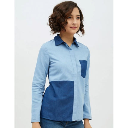 Rosolly Women's Denim Patch Work Long Sleeves Standard Length Shirt (Blue)
