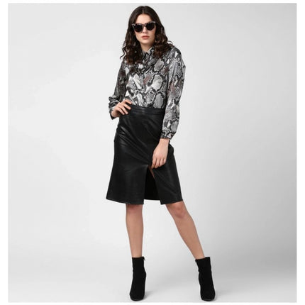 Rosolly Women's Satin Animal Print Long Sleeves Standard Length Shirt (Black - Grey)