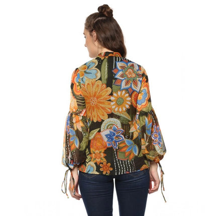 Rosolly Women's Polyester Floral Balloon Sleeve Top (Mustard - Olive)
