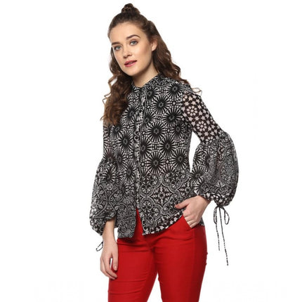 Rosolly Women's Polyester Printed Balloon Sleeve Top (Black - White)
