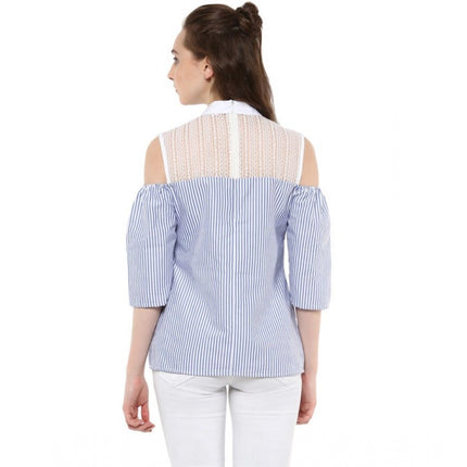 Rosolly Women's Cotton Striped Cold Shoulder Top (Blue)