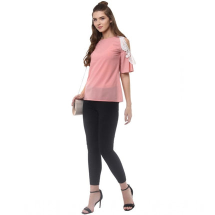 Rosolly Women's Polyester Lace Inserts Half Sleeve Top (Pink)