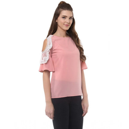 Rosolly Women's Polyester Lace Inserts Half Sleeve Top (Pink)