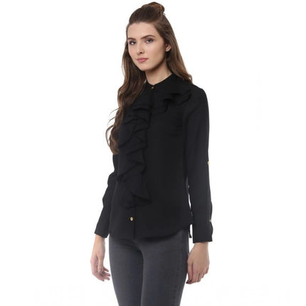 Rosolly Women's Polyester Ruffled Long Sleeves Top (Black)