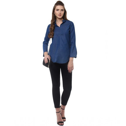 Rosolly Women's Denim Solid Bell Sleeve Regular Top (Blue Denim)