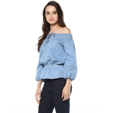 Rosolly Women's Denim Solid 3-4th Sleeves Regular Top (Blue)