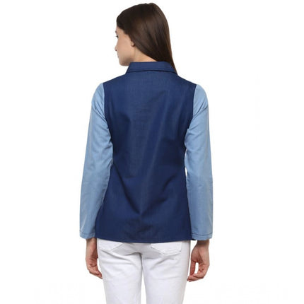 Rosolly Women's Denim Patch Work Long Sleeves Regular Top (Blue)