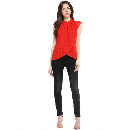 Rosolly Women's Cotton Lace Embellished Cap Sleeve Regular Top (Red)