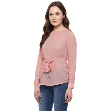 Rosolly Women's Polyester Solid Long Sleeves Regular Top (Pink)