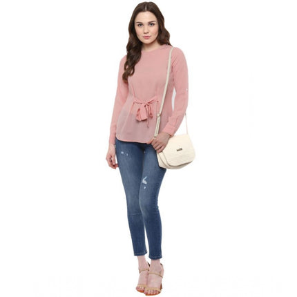 Rosolly Women's Polyester Solid Long Sleeves Regular Top (Pink)