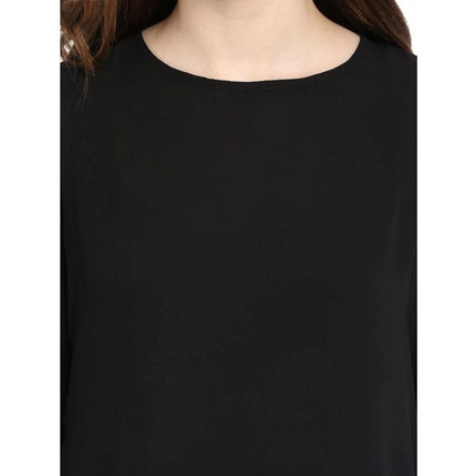 Rosolly Women's Polyester Georgette Self Design Bell Sleeve Regular Top (Black)