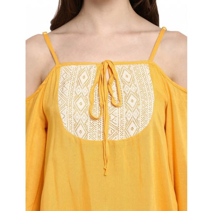 Rosolly Women's Rayon Embellished Cold Shoulder Regular Top (Mustard Yellow)