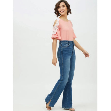 Rosolly Women's Polyester Lace Inserts Cold Shoulder Top (Pink)