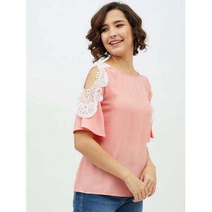 Rosolly Women's Polyester Lace Inserts Cold Shoulder Top (Pink)