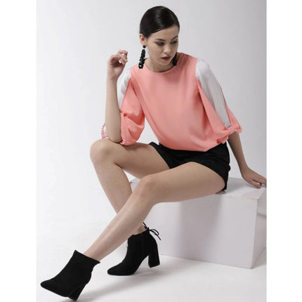 Rosolly Women's Polyester Colour Block Slit Sleeve Top (Pink)