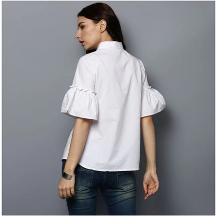 Rosolly Women's Cotton Solid Bell Sleeve Top (White)
