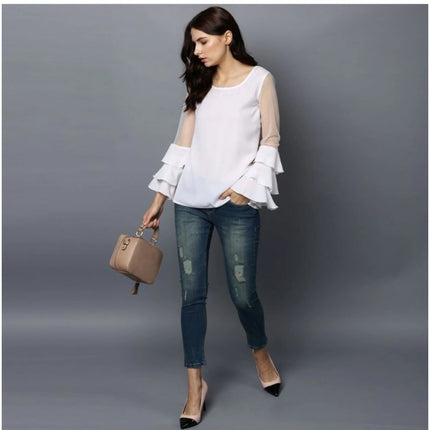 Rosolly Women's Polyester Solid Tier Sleeve Top (White)