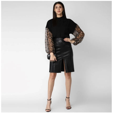 Rosolly Women's Polyester Animal Print Long Sleeves Top (Black)