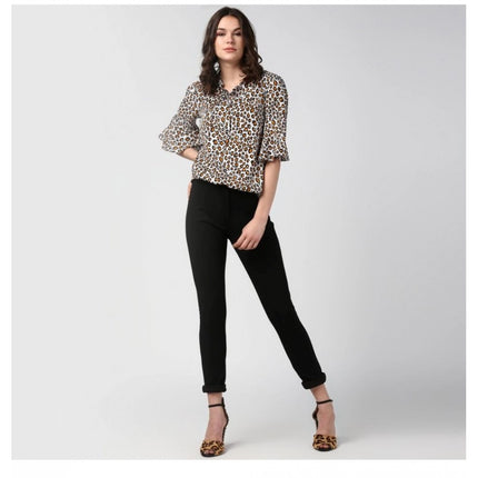 Rosolly Women's Polyester Animal Print Bell Sleeve Top (Orange - Black)