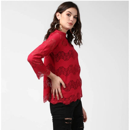 Rosolly Women's Cotton Self Design Long Sleeves Top (Maroon)