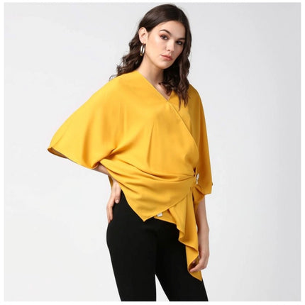 Rosolly Women's Polyester Solid Cape Sleeve Top (Yellow)