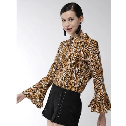 Rosolly Women's Polyester Printed Bell Sleeve Top (Orange - Black)