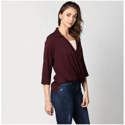 Rosolly Women's Polyester Solid 3-4th Sleeves Top (Maroon)