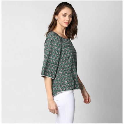 Rosolly Women's Polyester Printed 3-4th Sleeves Top (Green)