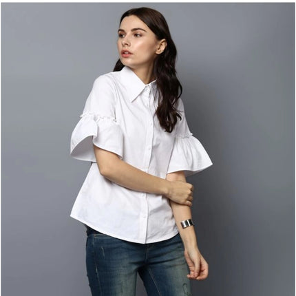 Rosolly Women's Cotton Solid Bell Sleeve Top (White)