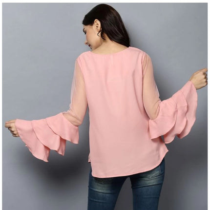 Rosolly Women's Polyester Solid Tier Sleeve Top (Pink)