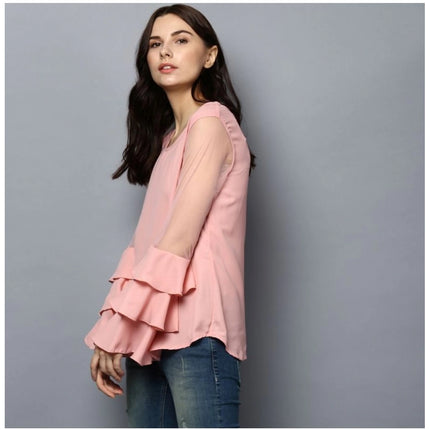Rosolly Women's Polyester Solid Tier Sleeve Top (Pink)