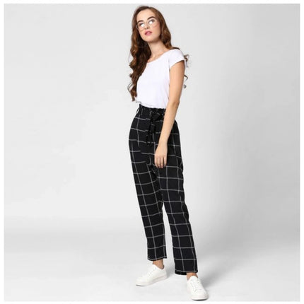 Rosolly Women's Polyester Checkered Elasticated Trousers (Black - White)