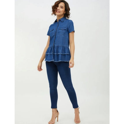 Rosolly Women's Denim Peplum Short Sleeve Top (Blue)