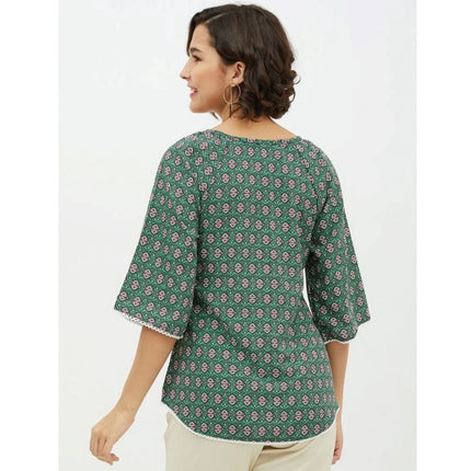 Rosolly Women's Polyester Printed 3-4th Sleeves Top (Green)