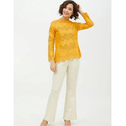 Rosolly Women's Cotton Lace Inserts Long Sleeves Top (Yellow)