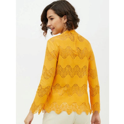 Rosolly Women's Cotton Lace Inserts Long Sleeves Top (Yellow)