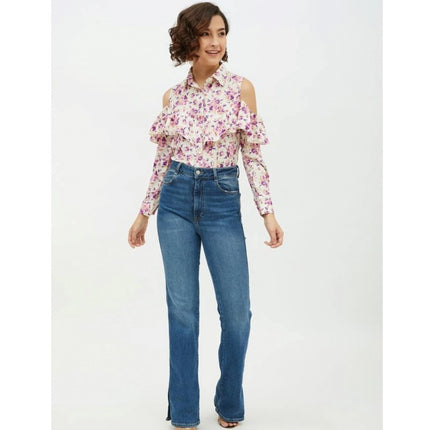 Rosolly Women's Polyester Floral Cold Shoulder Standard Length Shirt (White)