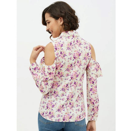 Rosolly Women's Polyester Floral Cold Shoulder Standard Length Shirt (White)