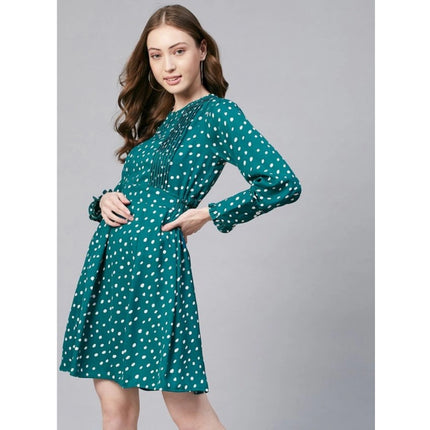 Rosolly Women's Polyester Polka Long Sleeves Above Knee Dress (Green - White)