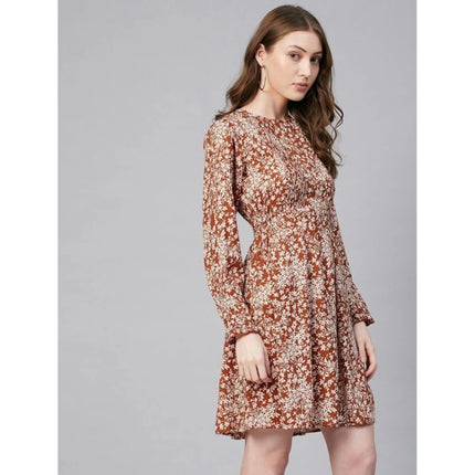 Rosolly Women's Polyester Floral Long Sleeves Above Knee Dress (Rust)