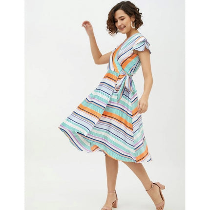 Rosolly Women's Satin Striped Short Sleeve Knee-Length Dress (Multicolor)