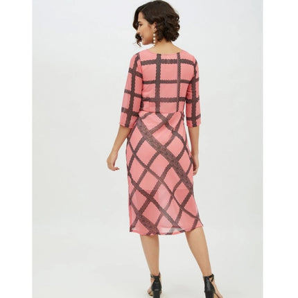 Rosolly Women's Polyester Checkered 3-4th Sleeves Below Knee Dress (Pink)