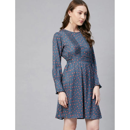Rosolly Women's Polyester Polka Long Sleeves Above Knee Dress (Grey - Coral)