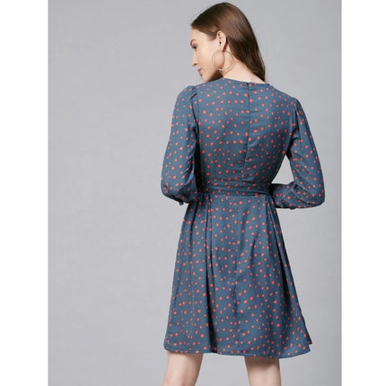Rosolly Women's Polyester Polka Long Sleeves Above Knee Dress (Grey - Coral)