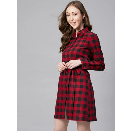 Rosolly Women's Cotton Checkered Long Sleeves Above Knee Dress (Red - Black)