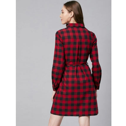 Rosolly Women's Cotton Checkered Long Sleeves Above Knee Dress (Red - Black)