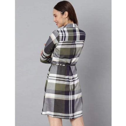 Rosolly Women's Cotton Checkered Long Sleeves Above Knee Dress (Olive - White)