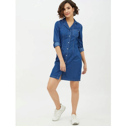 Rosolly Women's Denim Solid Long Sleeves Above Knee Dress (Blue)